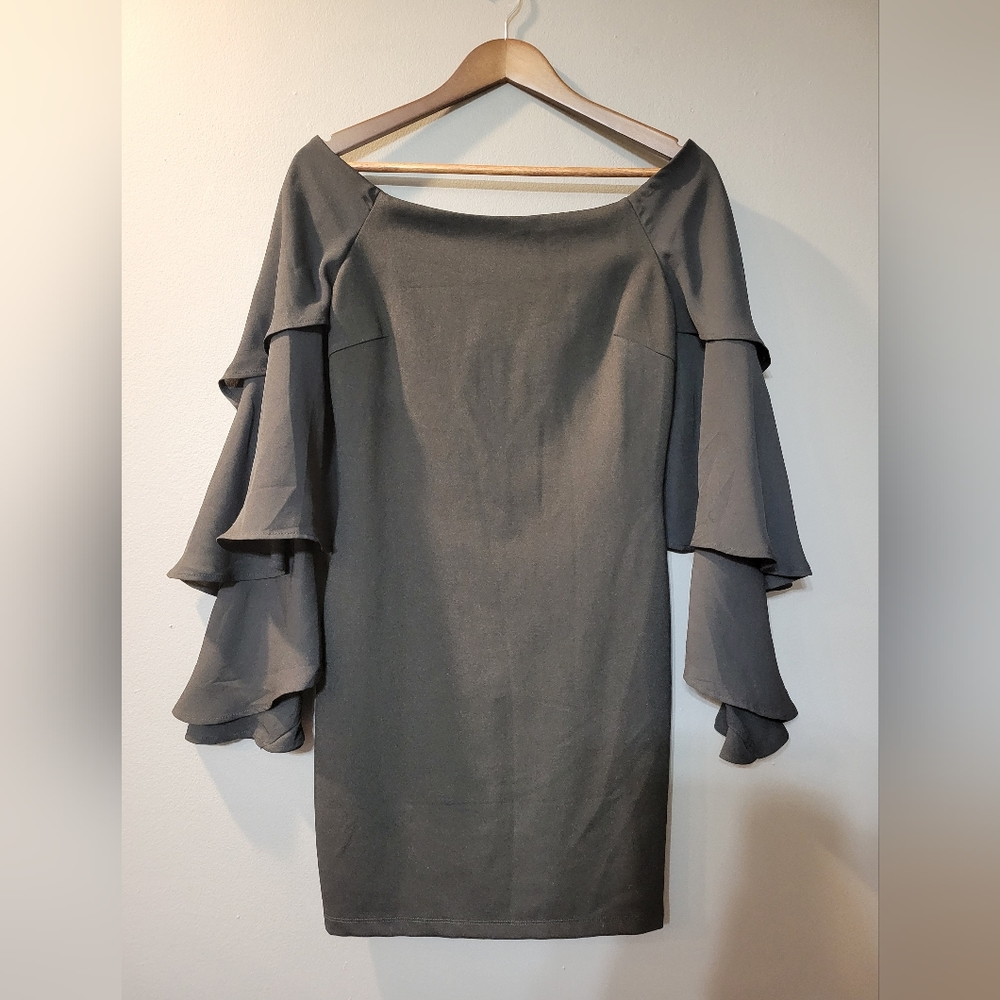 Lulus Black Tiered Ruffle Sheer Long Sleeve Off Shoulder Mini Dress Womens Sz M
